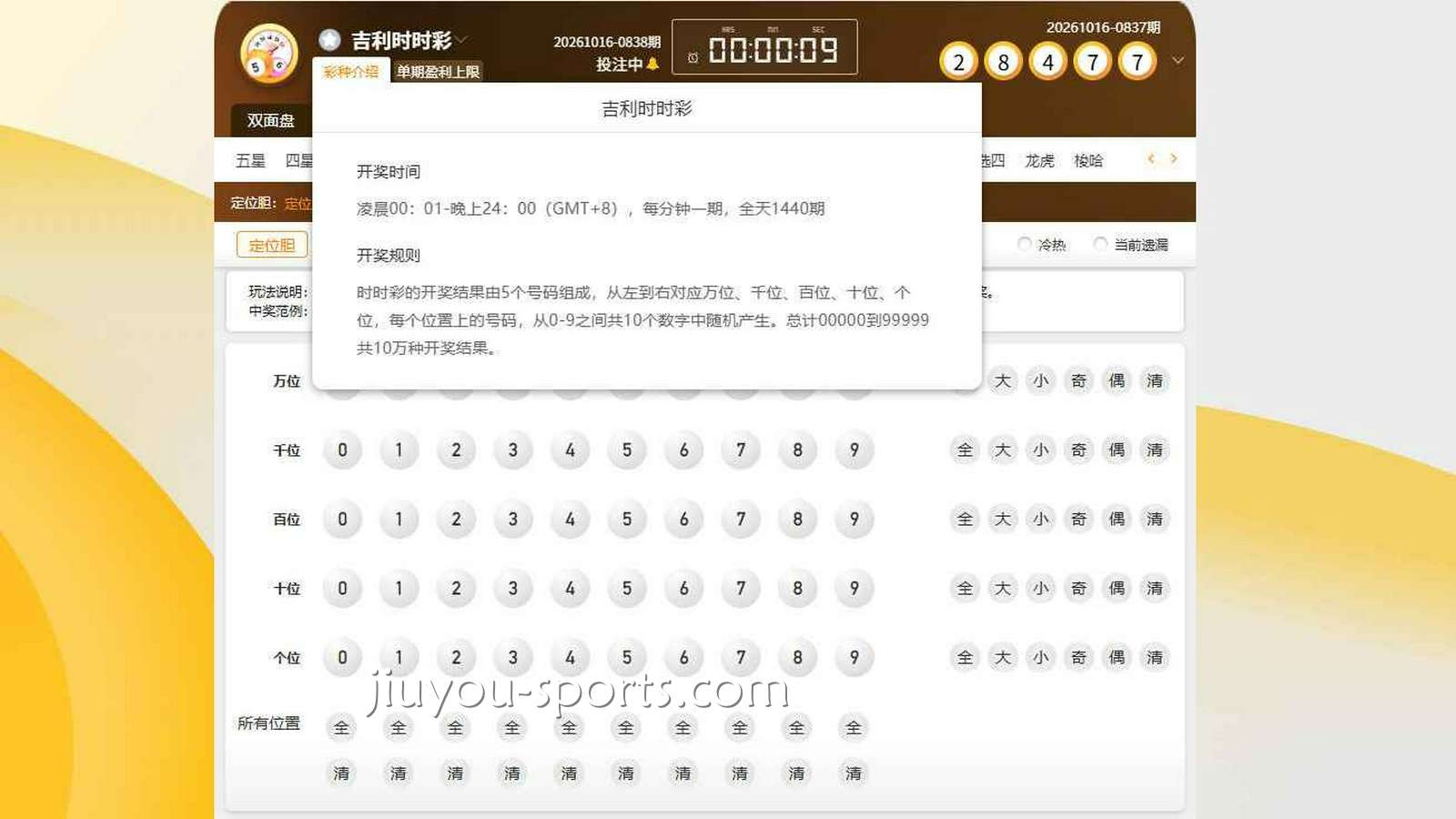 九游娱乐《吉利时时彩》定位胆玩法规则详解：开奖时间与中奖条件