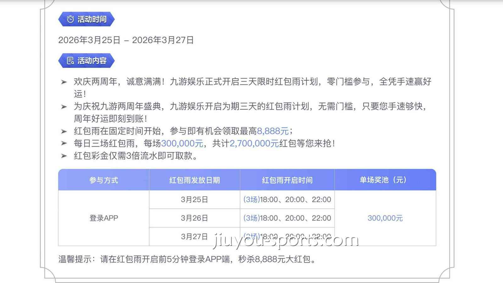 九游娱乐 | 九游娱乐周年庆百万红包雨活动详情